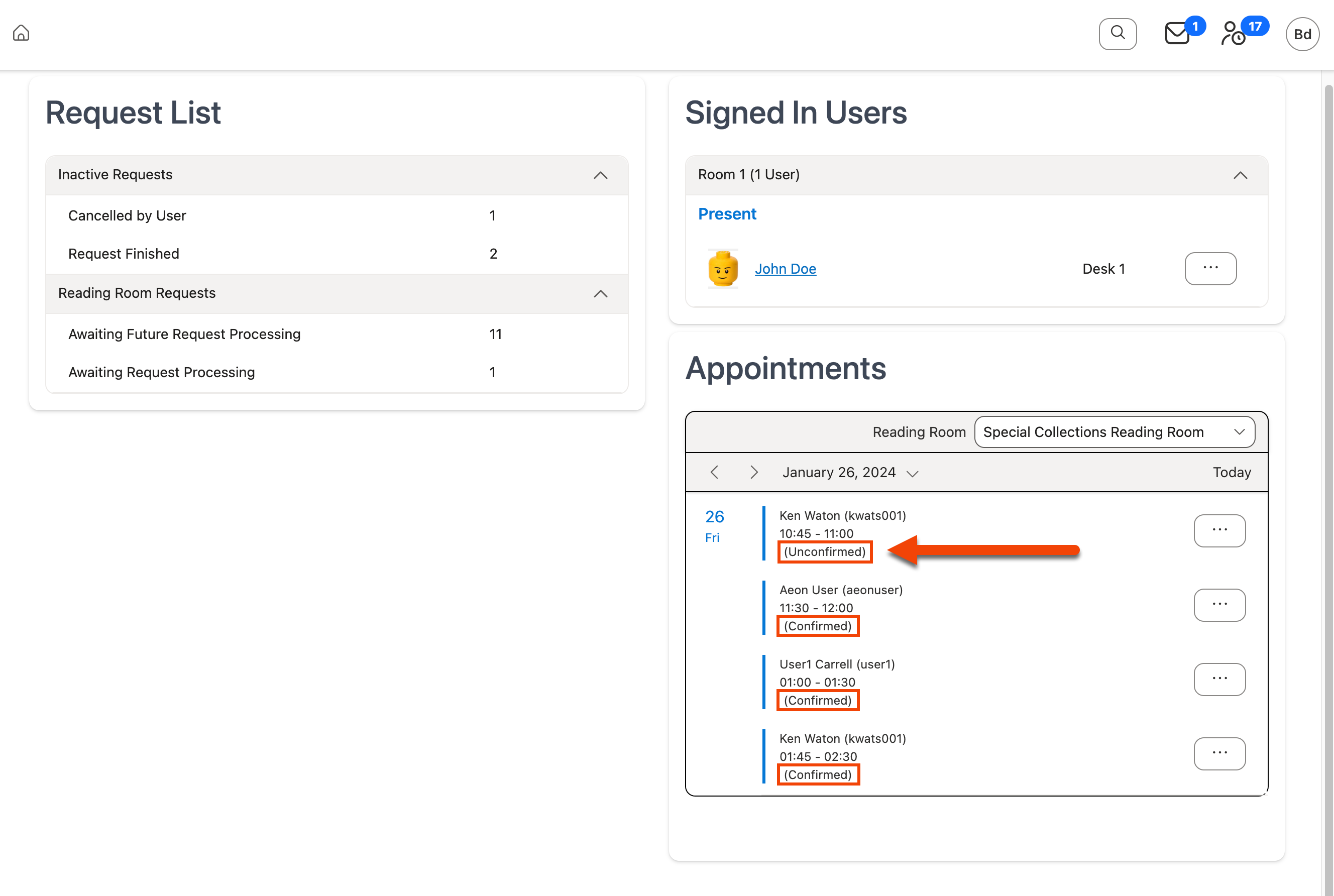 Appointment status highlighted in the Appointments section of the Web Client home page